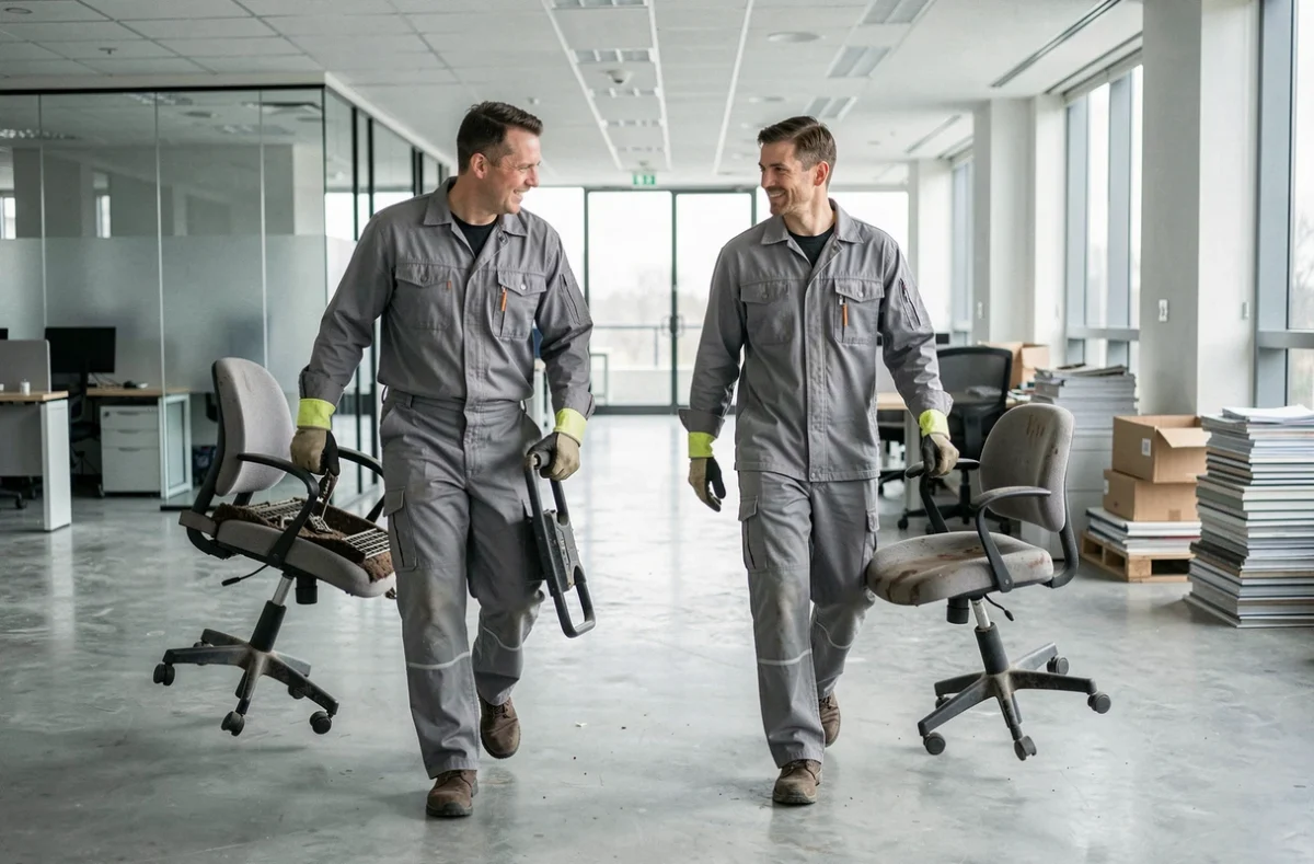 Équipe de débarras professionnelle vidant un espace de bureau en entreprise pour optimiser l'espace de travail