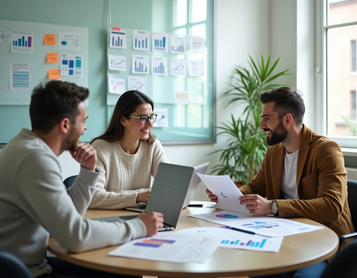 Équipe marketing en réunion autour d'une table avec laptops et rapports CRM, discutant de l'intégration d'une plateforme B2B dans leur écosystème digital