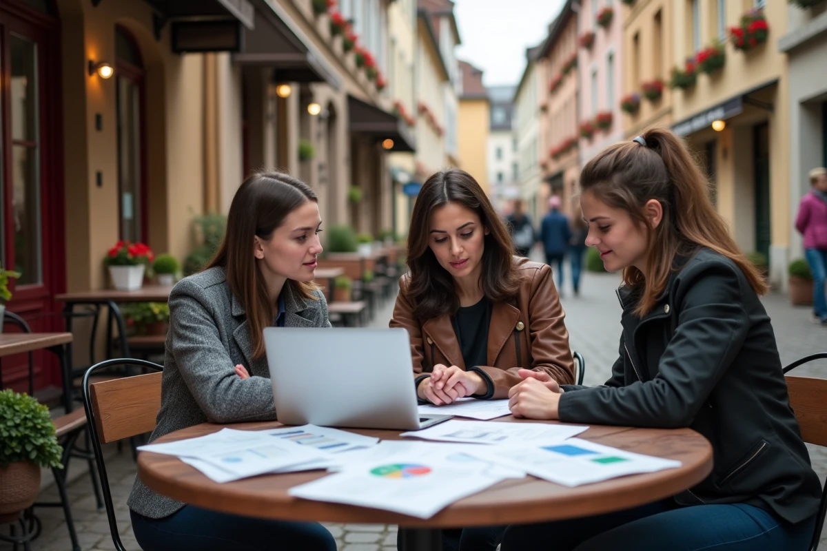 Équipe de consultants discutant d'une stratégie de contenu SEO locale autour de documents de référencement en terrasse de café à Colmar en Alsace