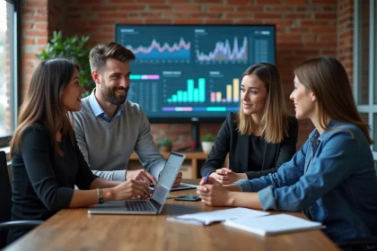 Groupe de professionnels en r&eacute;union dans un bureau moderne pour le SEO