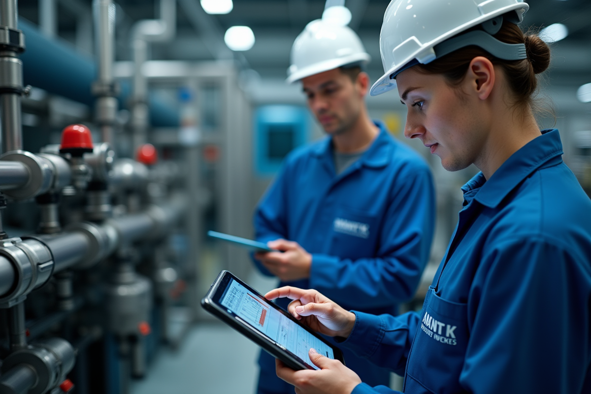 Technicien surveillant un équipement industriel avec logiciel