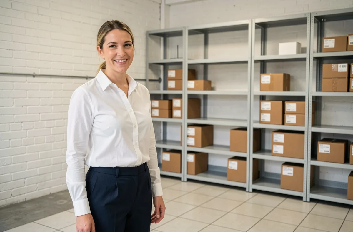 Dirigeante d'entreprise satisfaite devant un espace de rangement réorganisé après un débarras complet