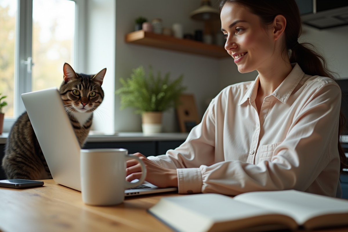 Espace de travail sur une table de cuisine avec femme en visioconference et chat