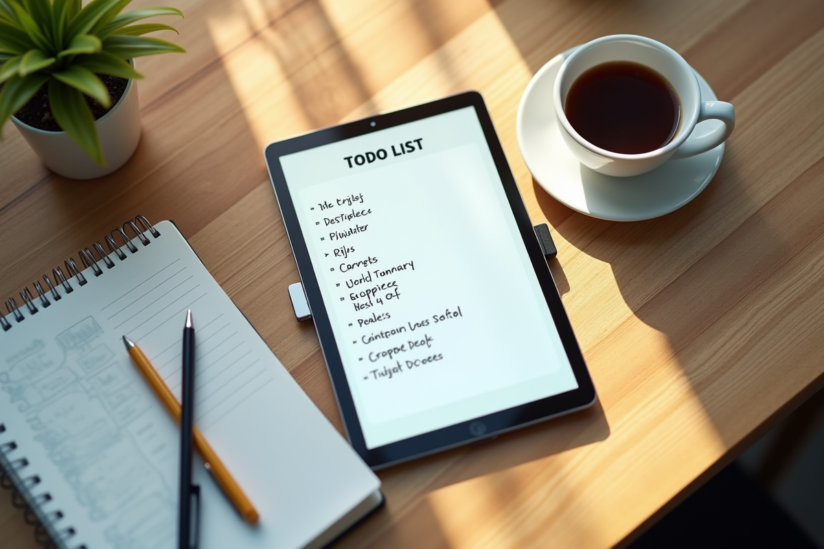Espace de travail avec tablette et liste de tâches