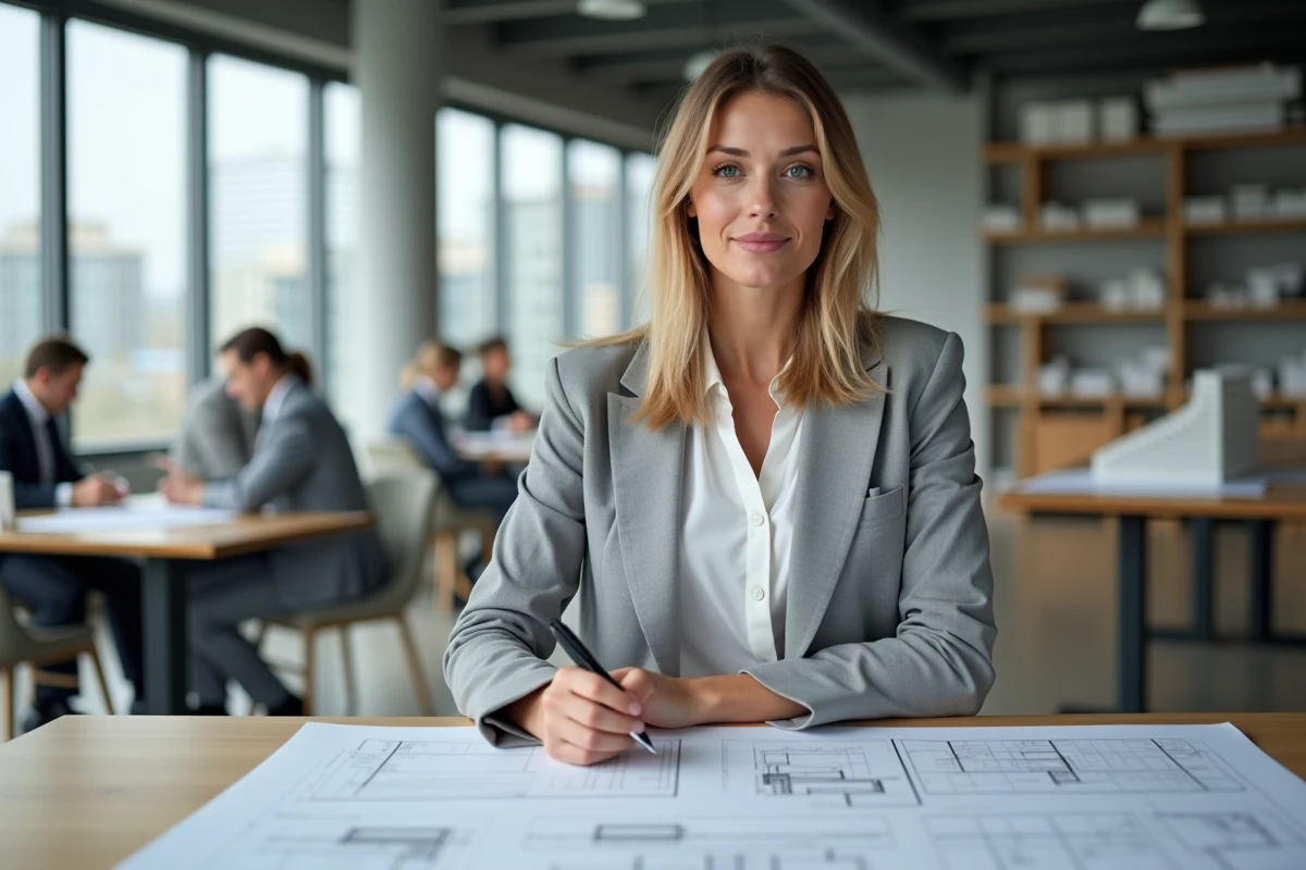 Estimatrice signant un devis BTP imprimé dans un bureau de construction moderne avec vue sur chantier