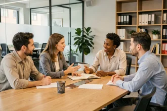 Groupe de collègues réunis autour d'une table de réunion en bois, engagés dans une discussion collaborative au sein d'un groupe de travail en entreprise