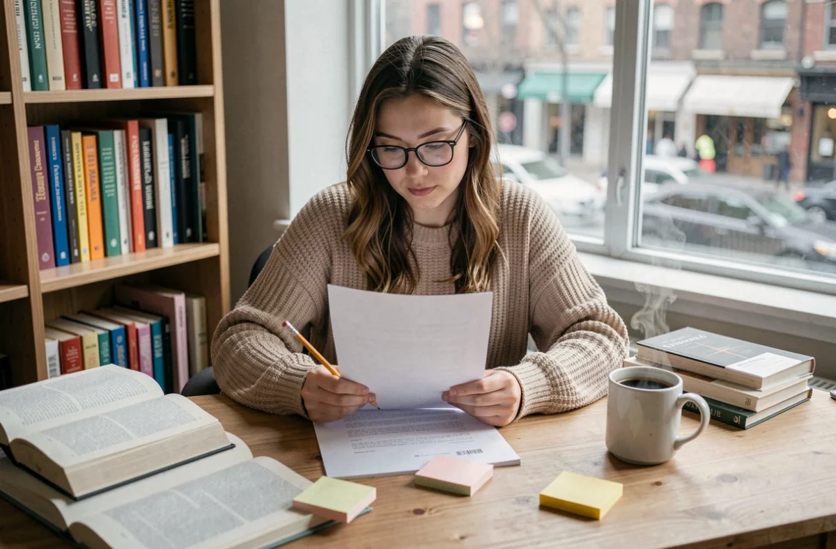 Jeune femme relisant attentivement un document écrit à son bureau, illustrant la réflexion sur l'usage correct de l'expression linguistique au sein d'un groupe