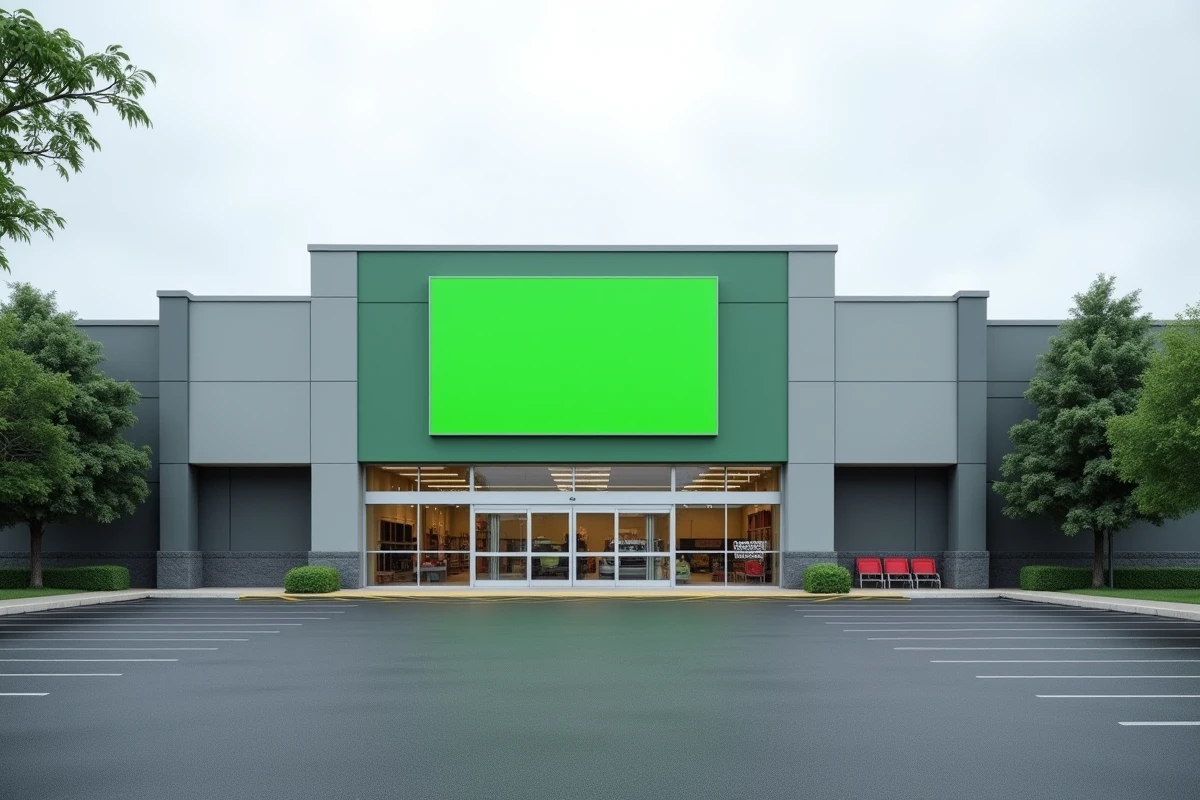 Façade extérieure d'un grand magasin de bricolage avec enseigne verte et parking, évoquant l'image de marque Leroy Merlin