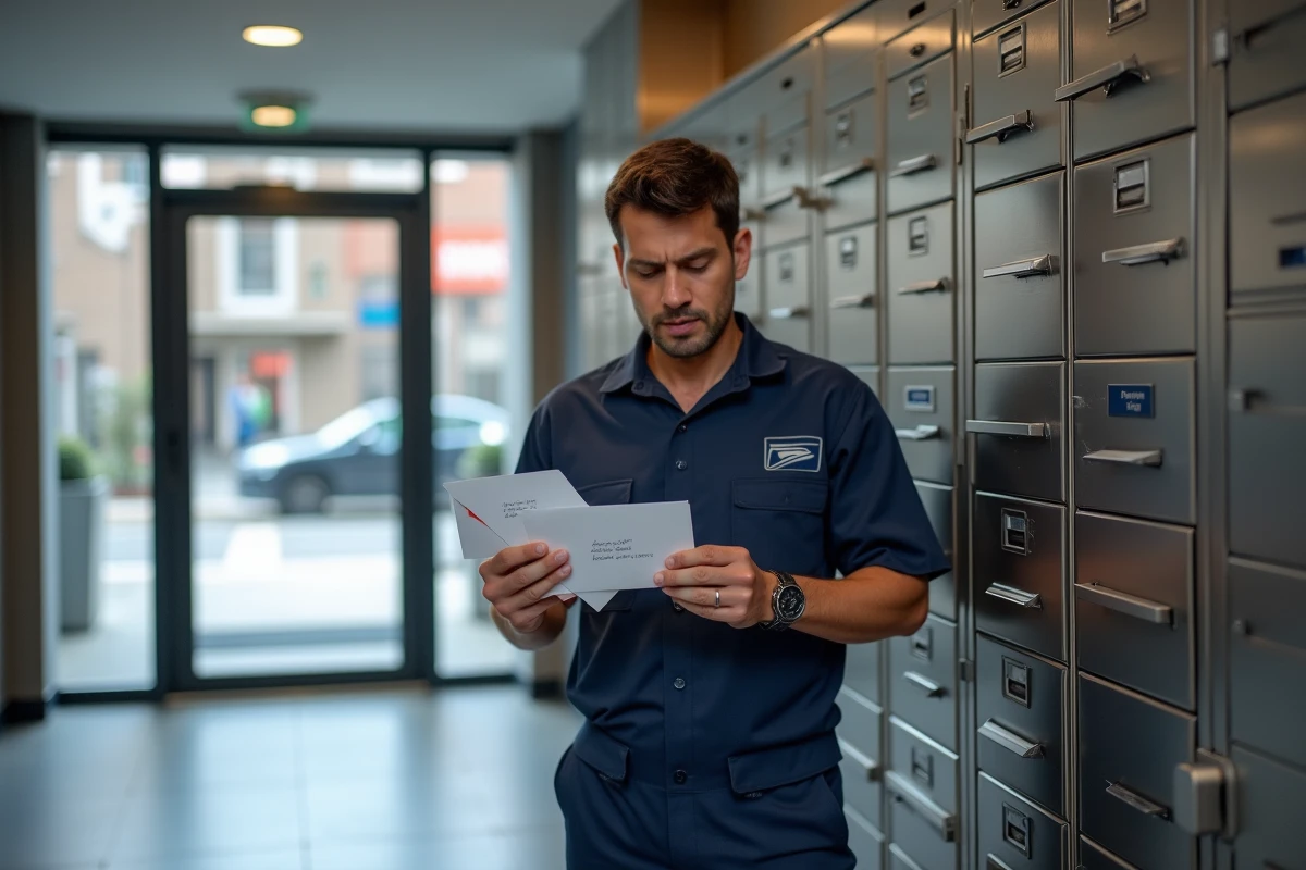 Facteur examinant des enveloppes devant des boîtes aux lettres dans un immeuble, illustrant un problème de réexpédition postale