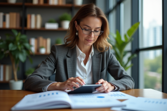 Femme d'affaires analyse des rapports financiers dans un bureau