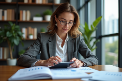 Femme d'affaires analyse des rapports financiers dans un bureau