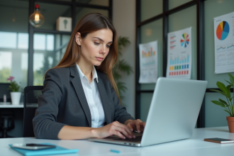 Femme d affaires au bureau examinant des rapports financiers