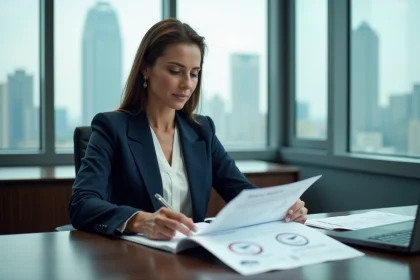 Femme d'affaires consultant des documents certifiés pour une entreprise à l'international dans un bureau moderne
