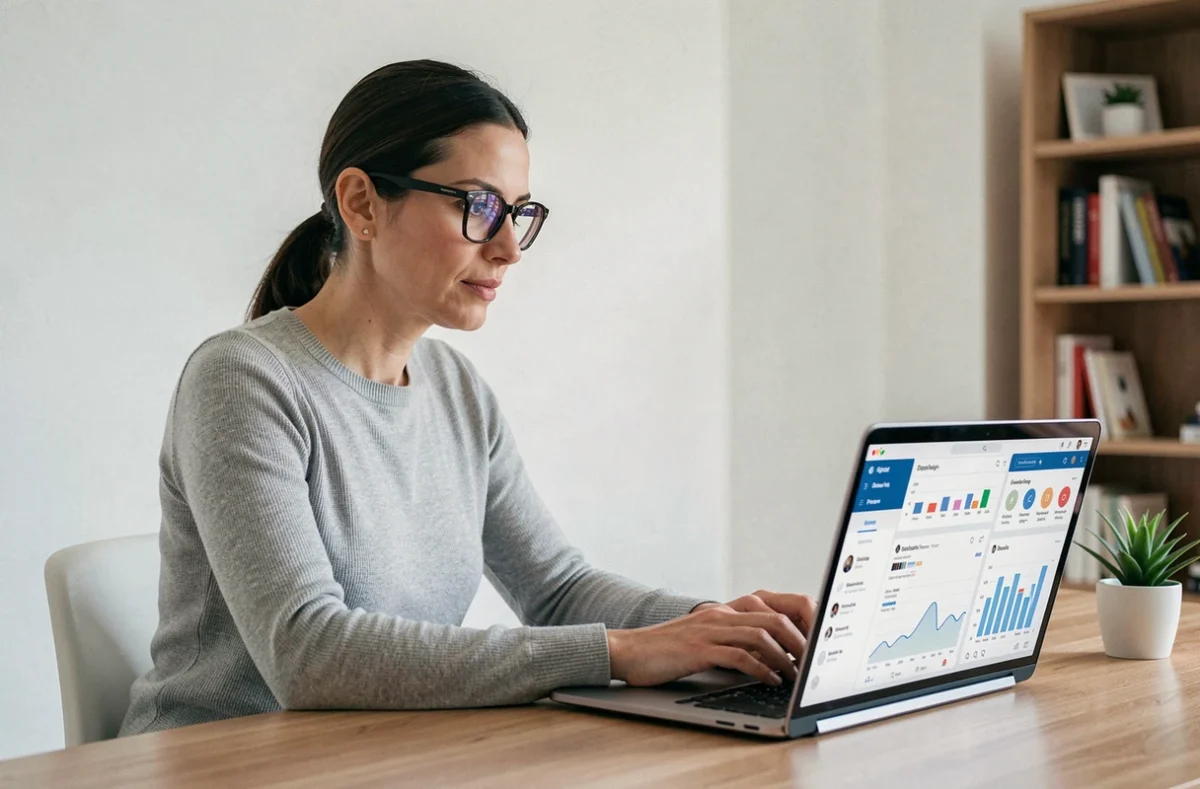 Femme analysant des résultats de recherche Google et des statistiques de réseaux sociaux sur un ordinateur portable dans un bureau moderne