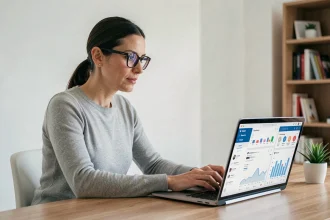 Femme analysant des résultats de recherche Google et des statistiques de réseaux sociaux sur un ordinateur portable dans un bureau moderne