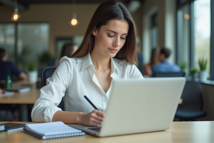 Jeune femme en bureau examine des analyses financières