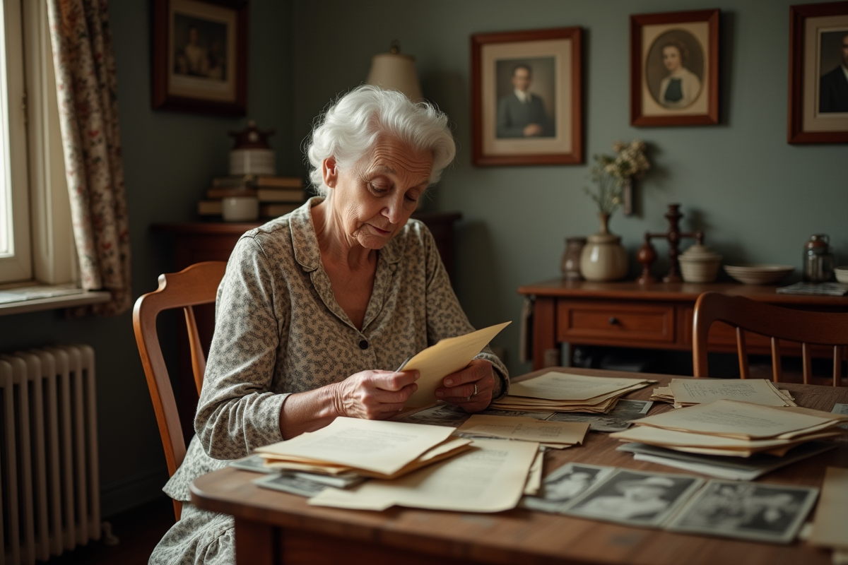 Femme âgée examinant des documents anciens à la maison