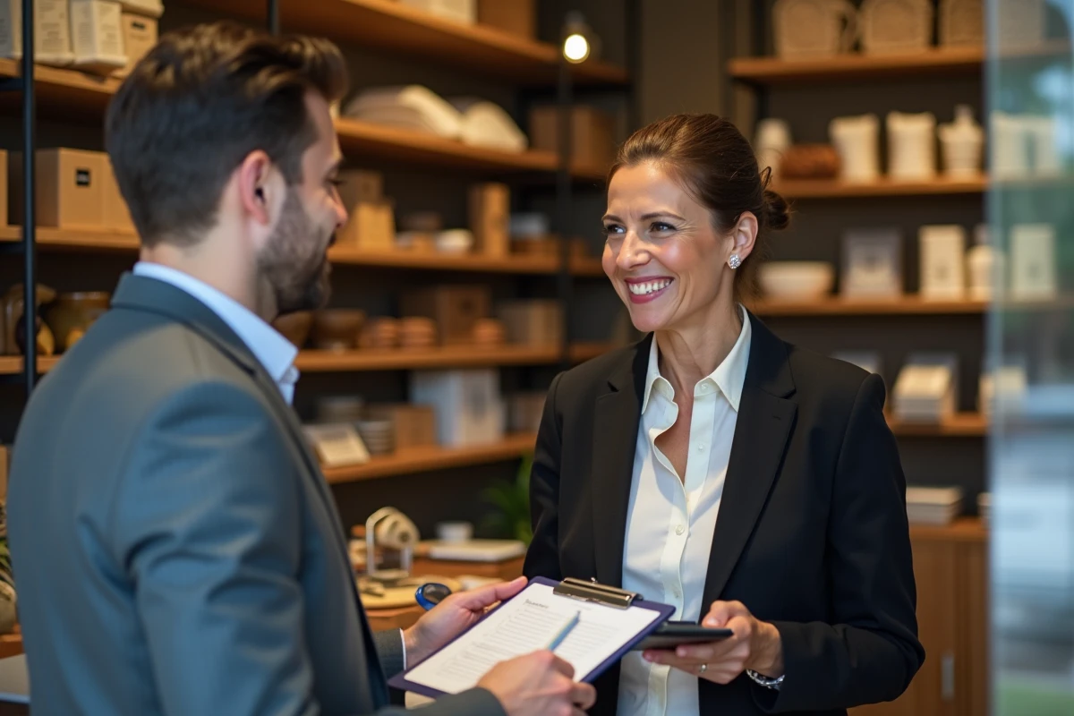 Femme artisan et commer&ccedil;ante expliquant un projet &agrave; un client
