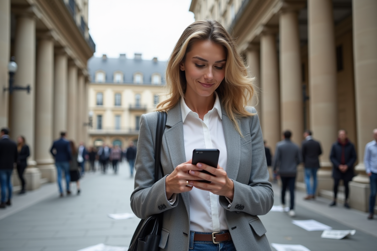 Jeune femme d affaires vérifiant les prix en dehors de la bourse