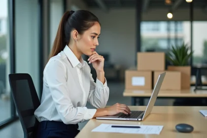 Femme en bureau moderne travaillant sur un ordinateur