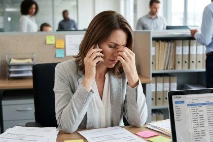Femme au bureau submergée par les relances fournisseurs et les emails en attente