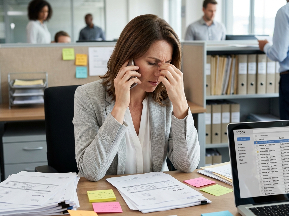 Femme au bureau submergée par les relances fournisseurs et les emails en attente