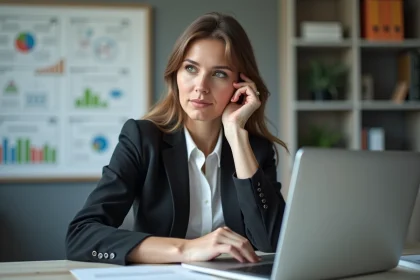 Femme en bureau avec tableau strategique digital