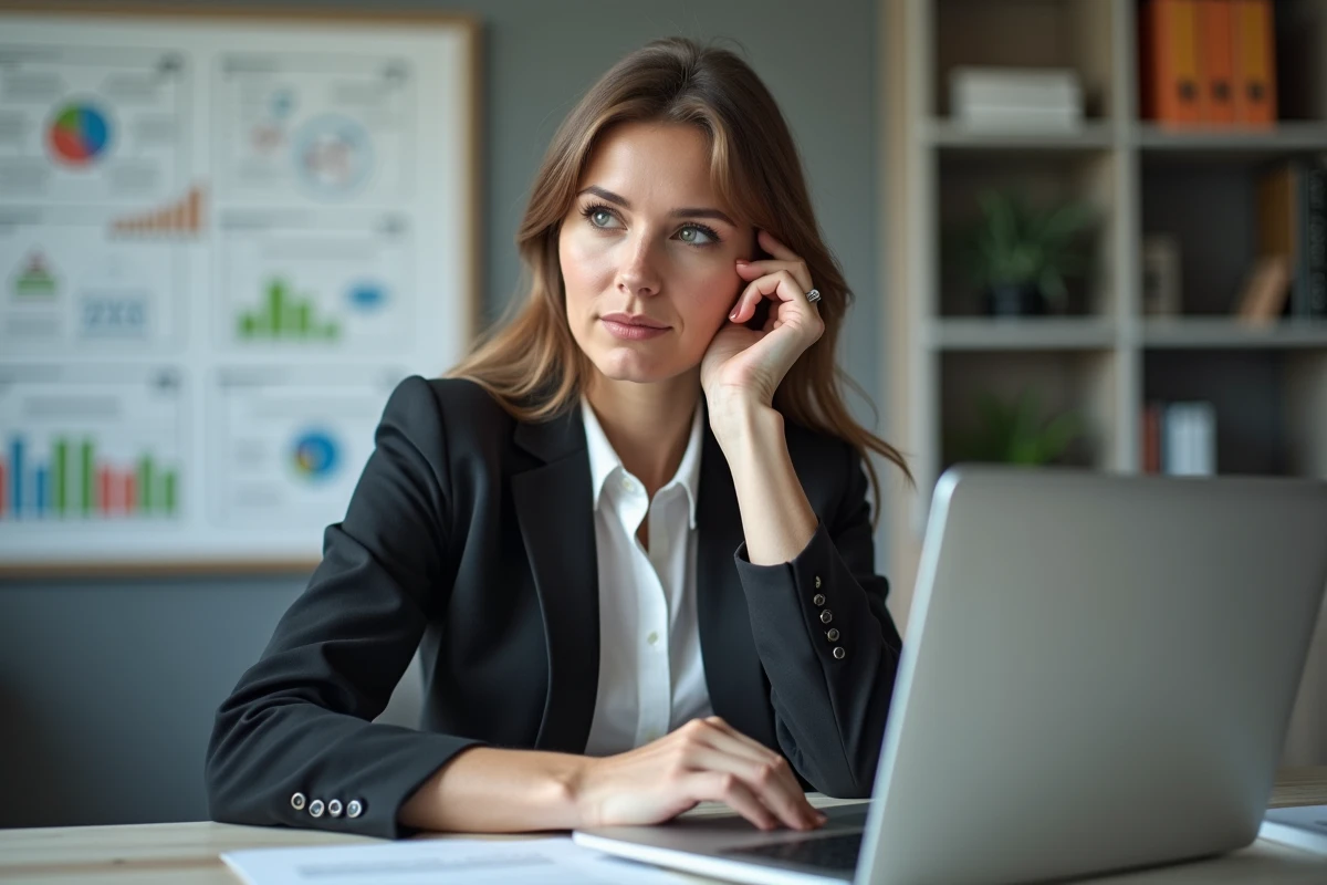 Femme en bureau avec tableau strategique digital