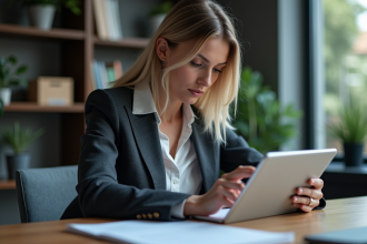 Femme concentrée travaillant sur une tablette dans un bureau moderne