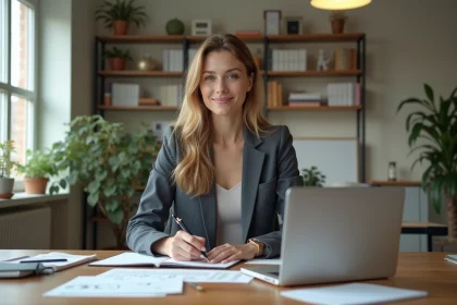 Femme confiante en blazer et jeans dans un bureau moderne
