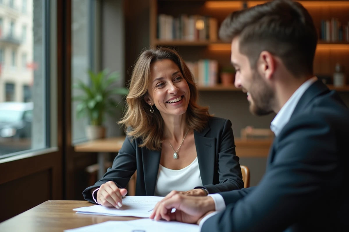 Femme souriante en café avec document professionnel