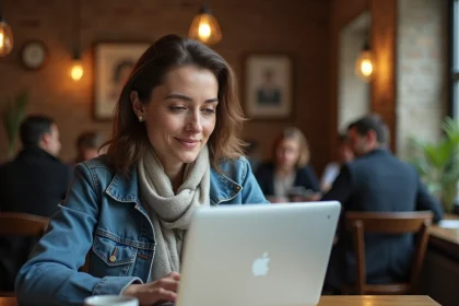 Femme dans un caf&eacute; parisien naviguant sur son ordinateur portable