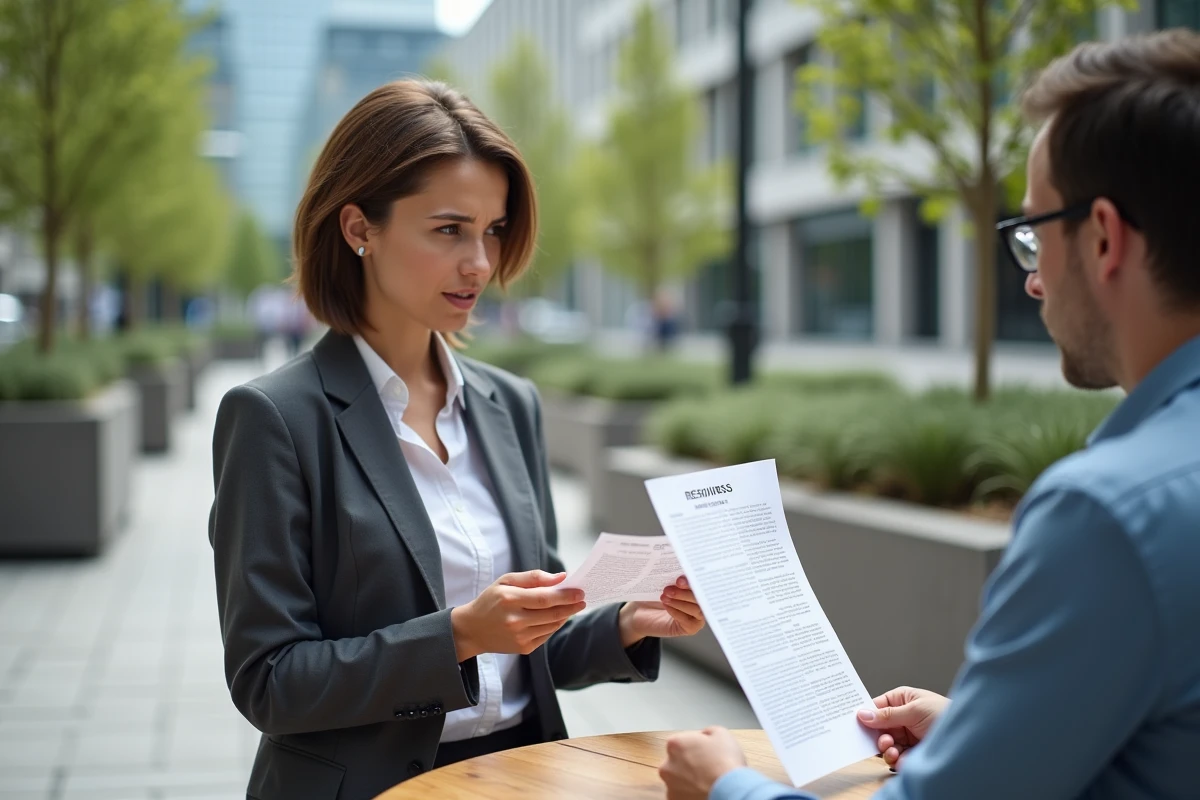 Jeune femme montrant un rapport &agrave; une coll&egrave;gue en ext&eacute;rieur