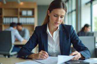Femme cadre en fin de CDD vérifiant ses documents de calcul d'indemnité sur un bureau professionnel