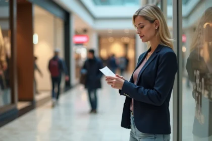 Femme tenant un chèque Shopping Pass devant l'entrée d'une enseigne commerciale dans un centre commercial moderne