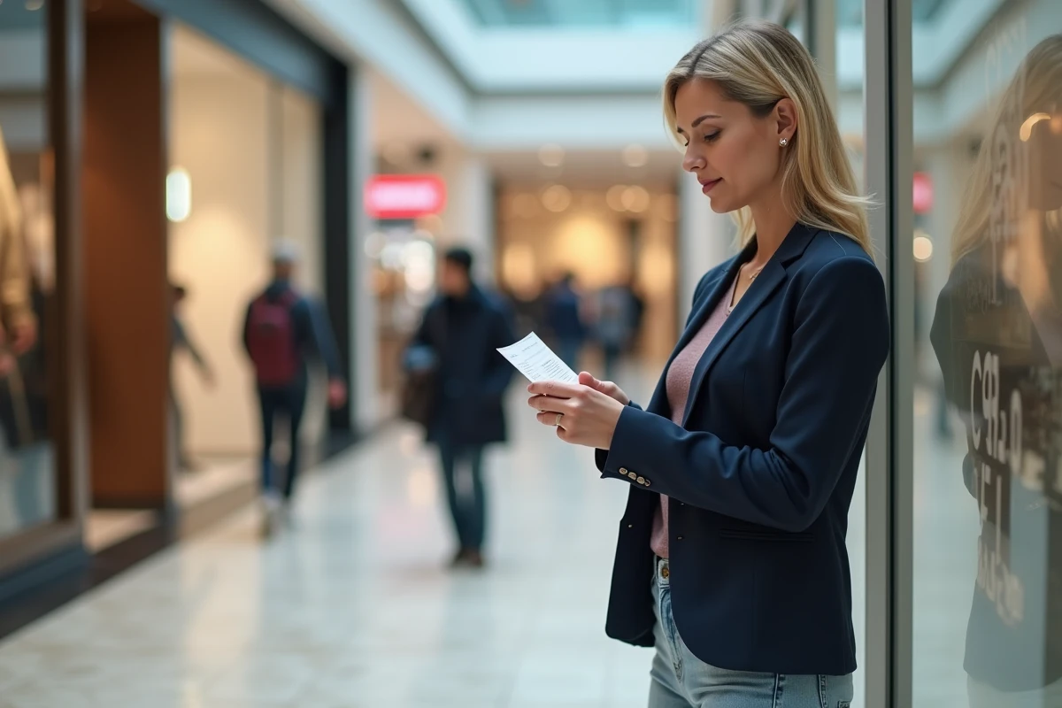 Femme tenant un chèque Shopping Pass devant l'entrée d'une enseigne commerciale dans un centre commercial moderne