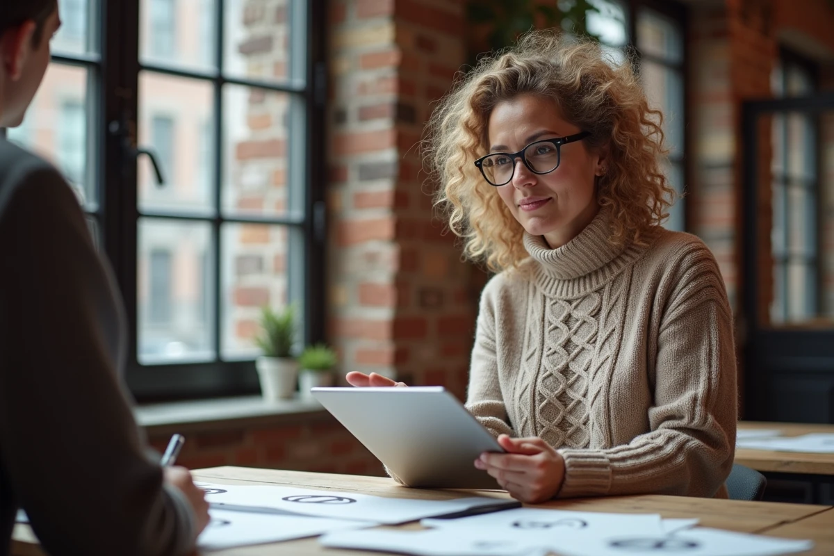 Femme avec tablette montrant un logo omega &agrave; une coll&egrave;gue