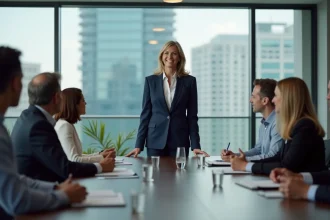 Femme confiante en costume dans une réunion moderne