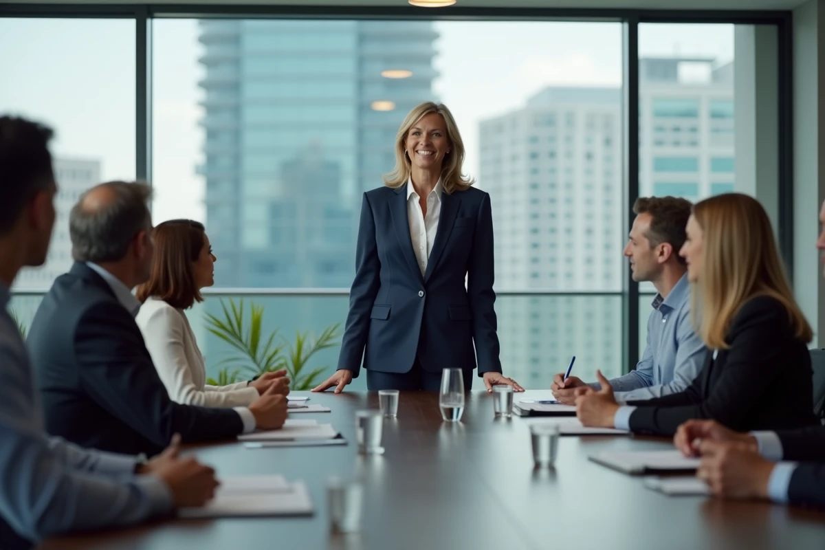 Femme confiante en costume dans une réunion moderne
