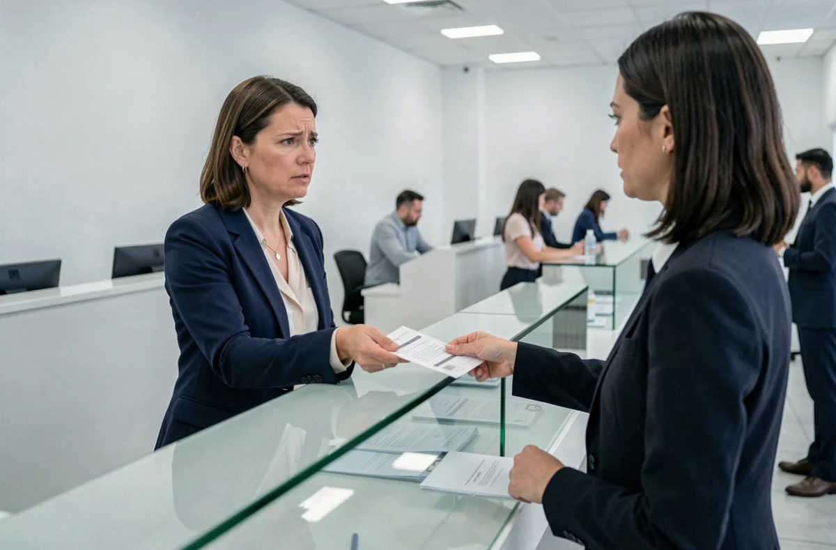 Femme discutant d'un prélèvement refusé avec un conseiller bancaire au guichet