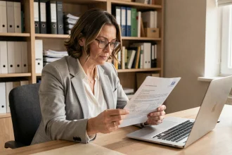 Femme consultant un document administratif officiel à son bureau à domicile pour vérifier son numéro URSSAF