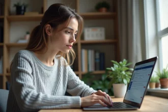 Femme consultant sa facture AKEO Télécom depuis l'espace client sur un ordinateur portable à domicile