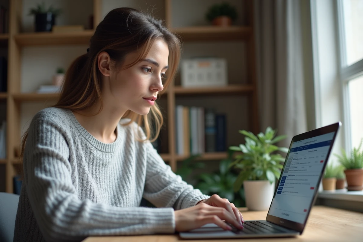 Femme consultant sa facture AKEO Télécom depuis l'espace client sur un ordinateur portable à domicile