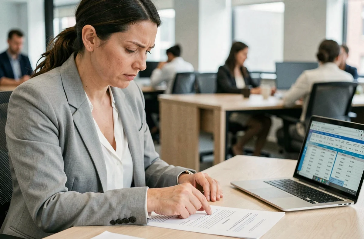 Femme en blazer gris relisant attentivement un contrat de travail à mi-temps dans un bureau moderne