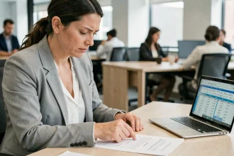 Femme en blazer gris relisant attentivement un contrat de travail à mi-temps dans un bureau moderne