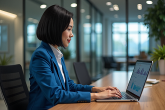 Femme d'affaires concentrée sur un tableau de bord CRM moderne