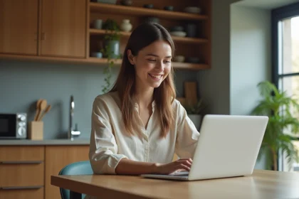 Jeune femme au laptop dans une cuisine chaleureuse