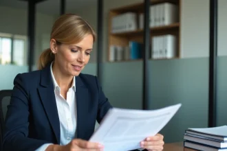 Femme professionnelle révisant des documents d'inscription au registre du commerce dans un bureau moderne