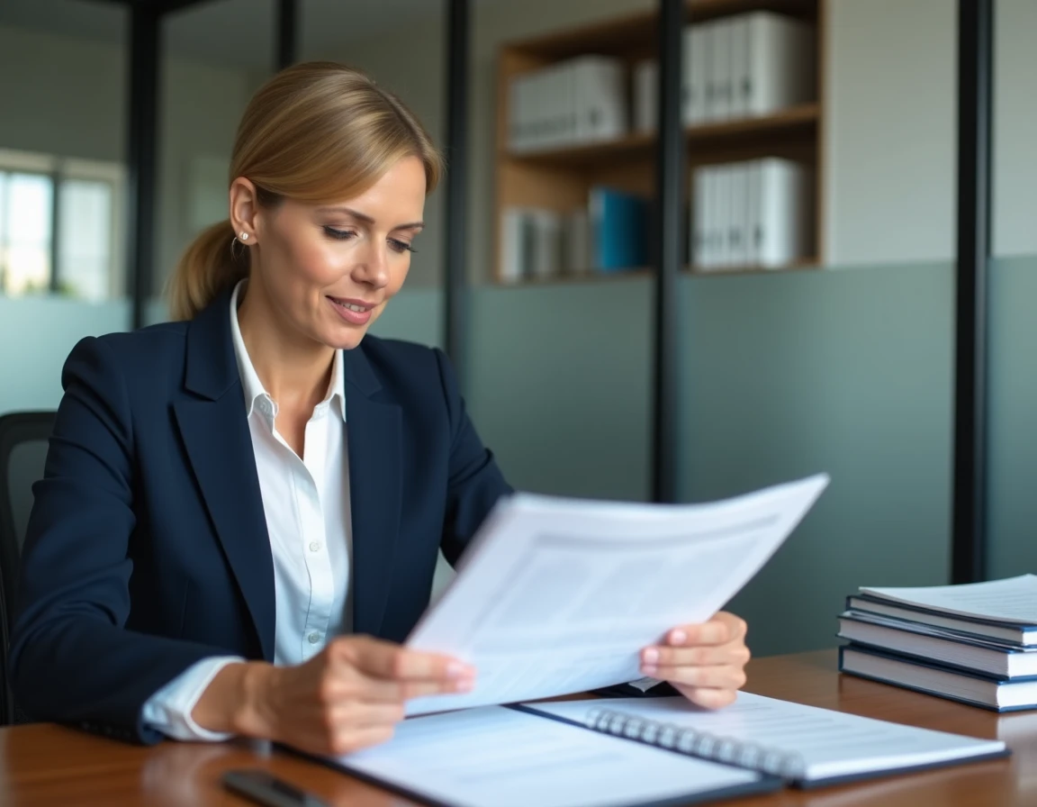 Femme professionnelle révisant des documents d'inscription au registre du commerce dans un bureau moderne