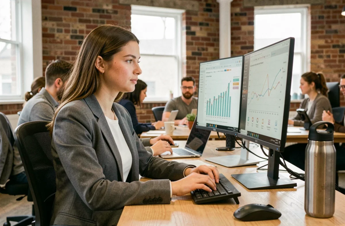Jeune femme entrepreneure analysant des données de revenus sur un ordinateur dans un espace de coworking moderne